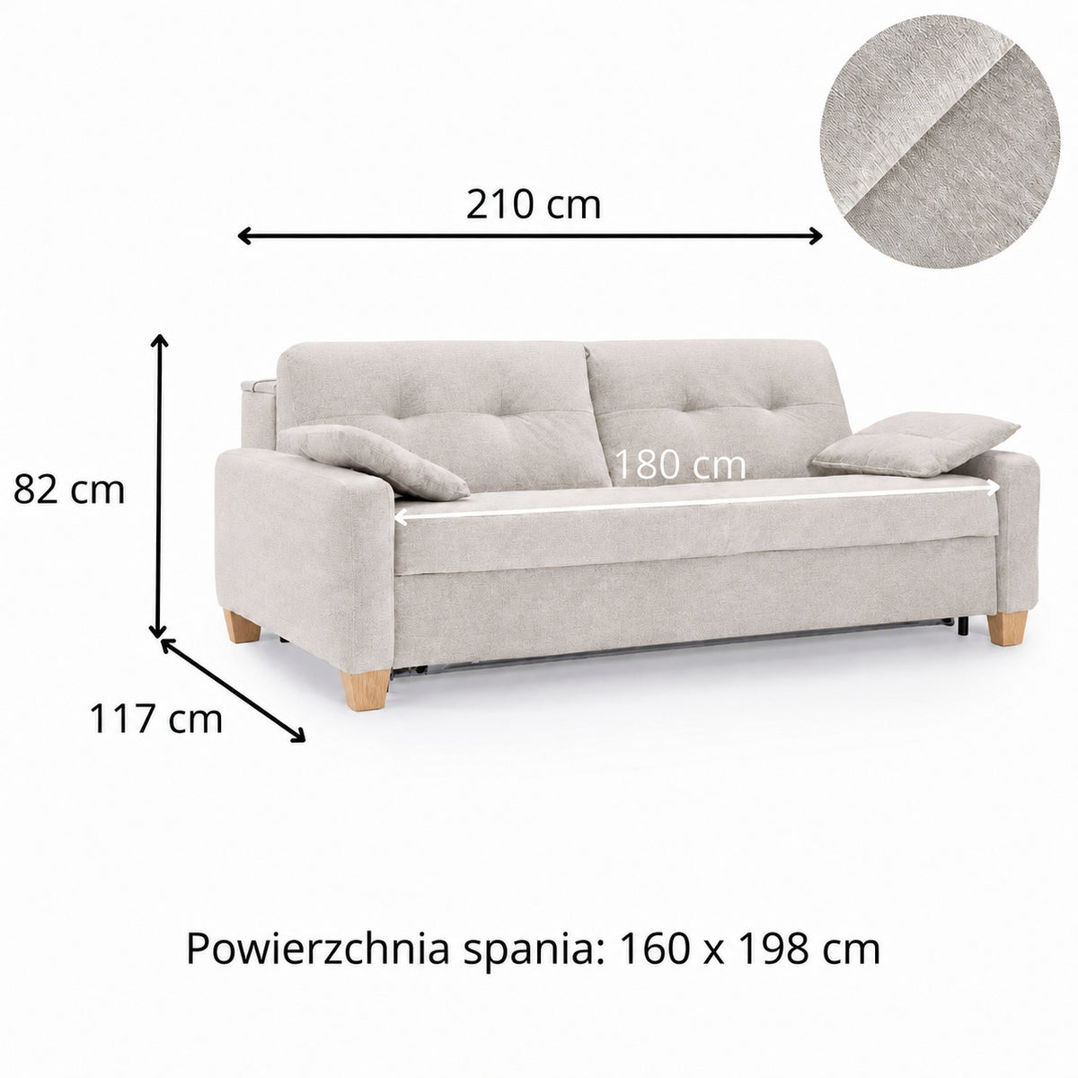 AURA 3-seater sofa with daily sleeping function, Italian frame, 160 cm mattress with container, on wooden legs