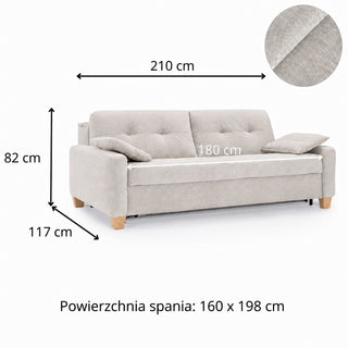 Sofa AURA 3 osobowa z funkcją spania codziennego stelaż włoski z materacem 160 cm z pojemnikiem na drewnianych nóżkach
