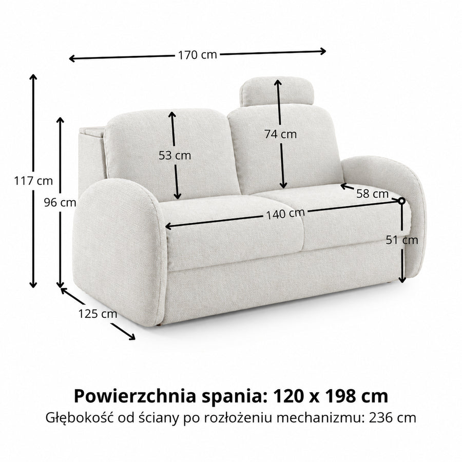 Sofa BELLA 2 osobowa z funkcją spania stelaż włoski z materacem 120 cm i pojemnikiem