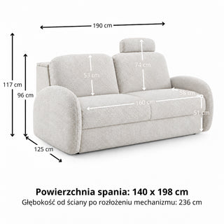 Sofa BELLA 2,5 osobowa z funkcją spania stelaż włoski z materacem 140 cm i pojemnikiem
