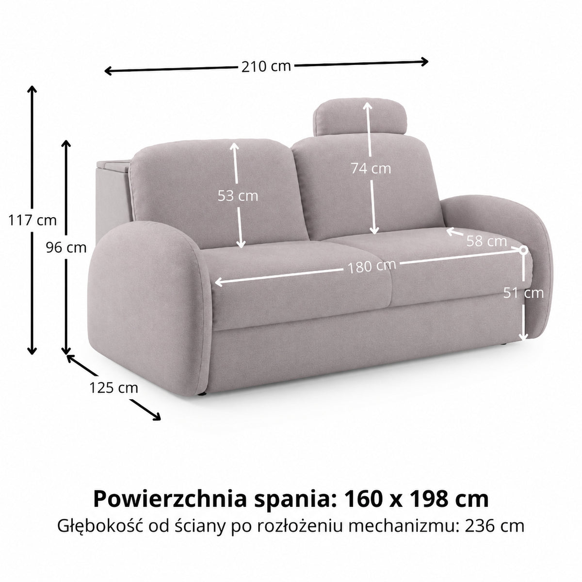 BELLA 3-seater sofa with sleeping function, Italian frame, 160 cm mattress and storage box 