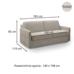 Sofa EMA 2,5 osobowa z pojemnikiem i funkcją spania codziennego stelaż włoski z materacem 140 cm