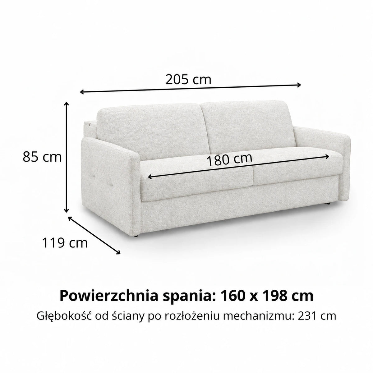 Sofa EMA 3 osobowa z pojemnikiem i funkcją spania codziennego stelaż włoski z materacem 160 cm