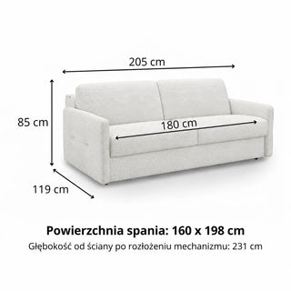 Sofa EMA 3 osobowa z pojemnikiem i funkcją spania codziennego stelaż włoski z materacem 160 cm