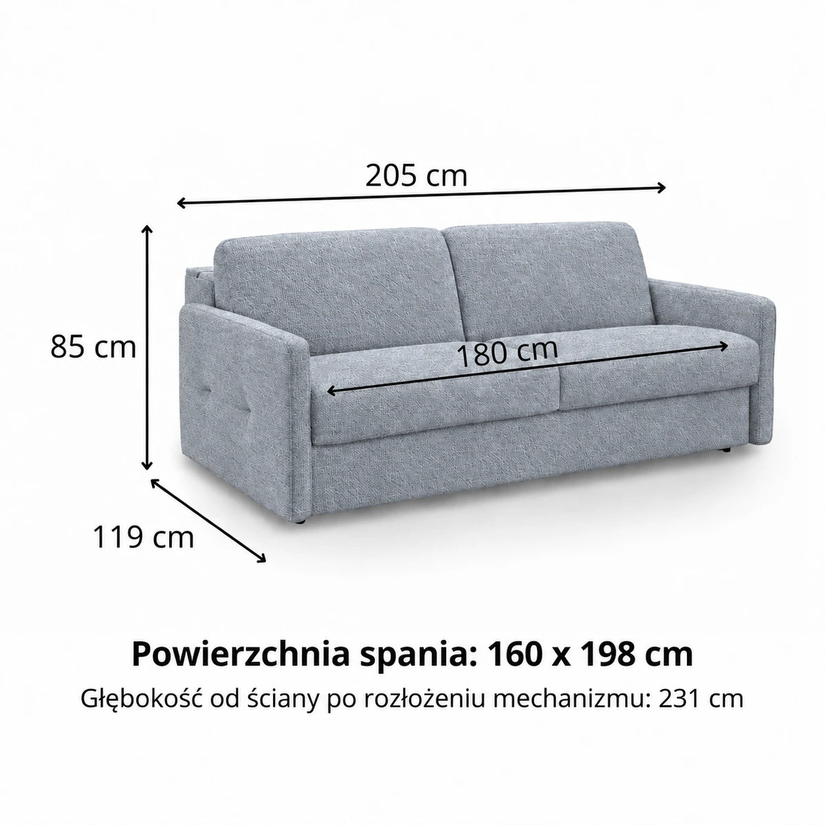 Sofa EMA 3 osobowa z pojemnikiem i funkcją spania codziennego stelaż włoski z materacem 160 cm
