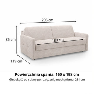 Sofa EMA 3 osobowa z pojemnikiem i funkcją spania codziennego stelaż włoski z materacem 160 cm