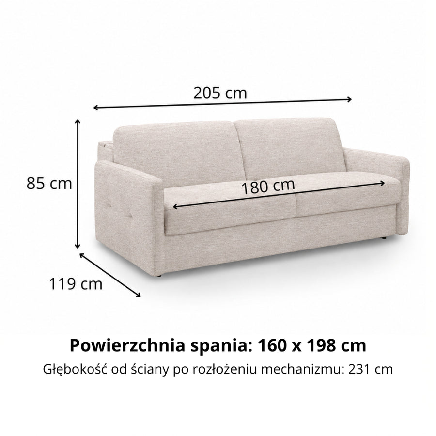 Sofa EMA 3 osobowa z pojemnikiem i funkcją spania codziennego stelaż włoski z materacem 160 cm