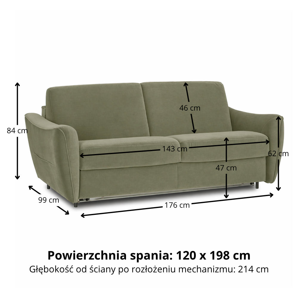 Sofa FLOSSY 2 osobowa z funkcją spania codziennego typu stelaż włoski z materacem 120 cm