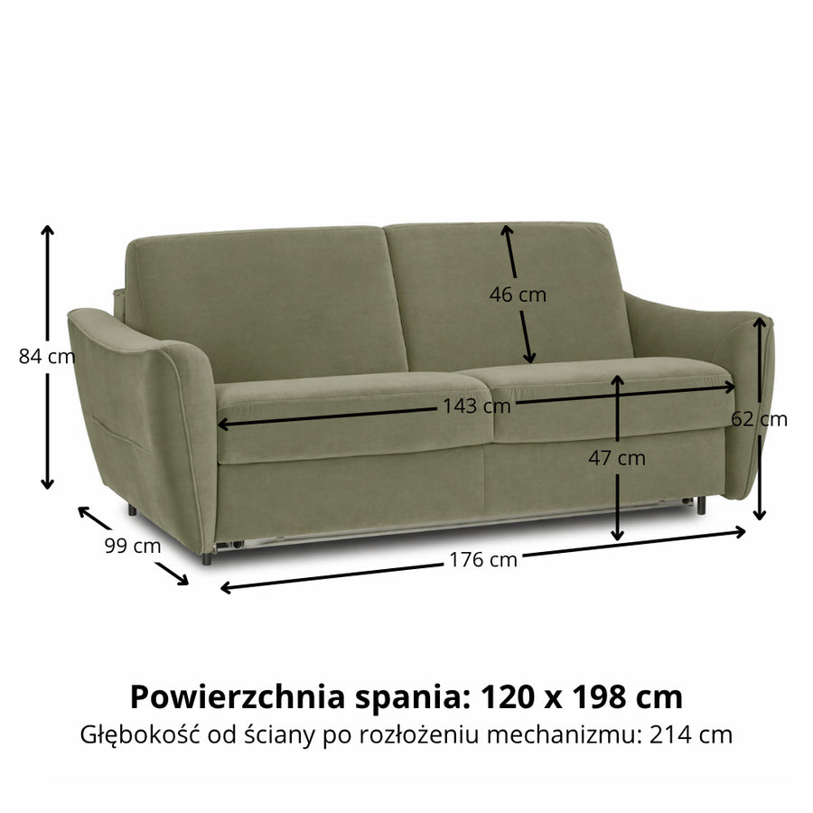 Sofa FLOSSY 2 osobowa z funkcją spania codziennego typu stelaż włoski z materacem 120 cm