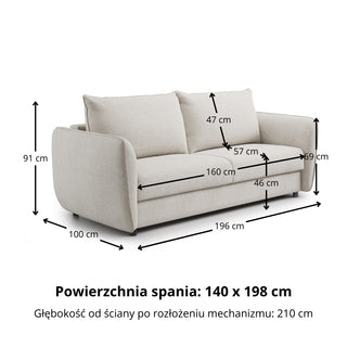 Sofa IVA 2,5 osobowa z funkcją spania codziennego stelaż włoski z materacem 140 cm + 4 poduszki dekoracyjne