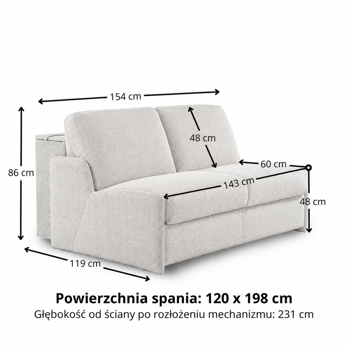 Sofa KIRA z funkcją spania codziennego stelaż włoski z materacem 120 cm i pojemnikiem