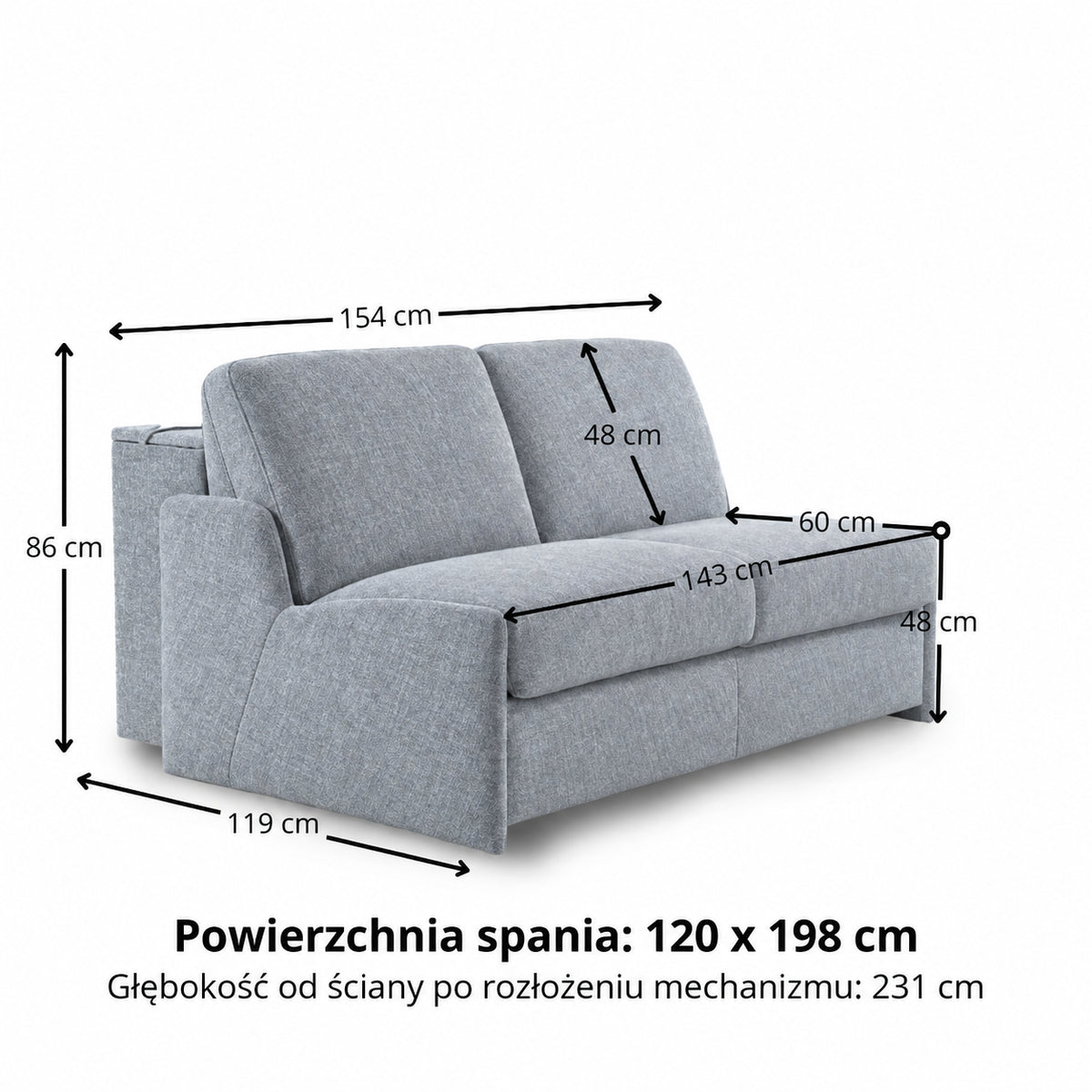 Sofa KIRA z funkcją spania codziennego stelaż włoski z materacem 120 cm i pojemnikiem