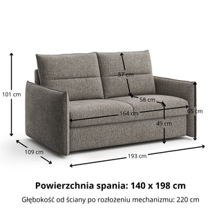 Sofa ARKADIA 2,5 osobowa z funkcją spania stelaż włoski z materacem 140 cm o grubości 18 cm