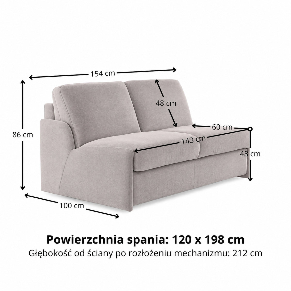 Sofa KIRA bez boków z funkcją spania codziennego stelaż włoski z materacem 120 cm