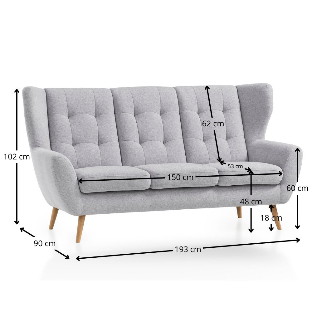 Sofa LAHTI uszak 3 osobowa pikowana na drewnianych nóżkach