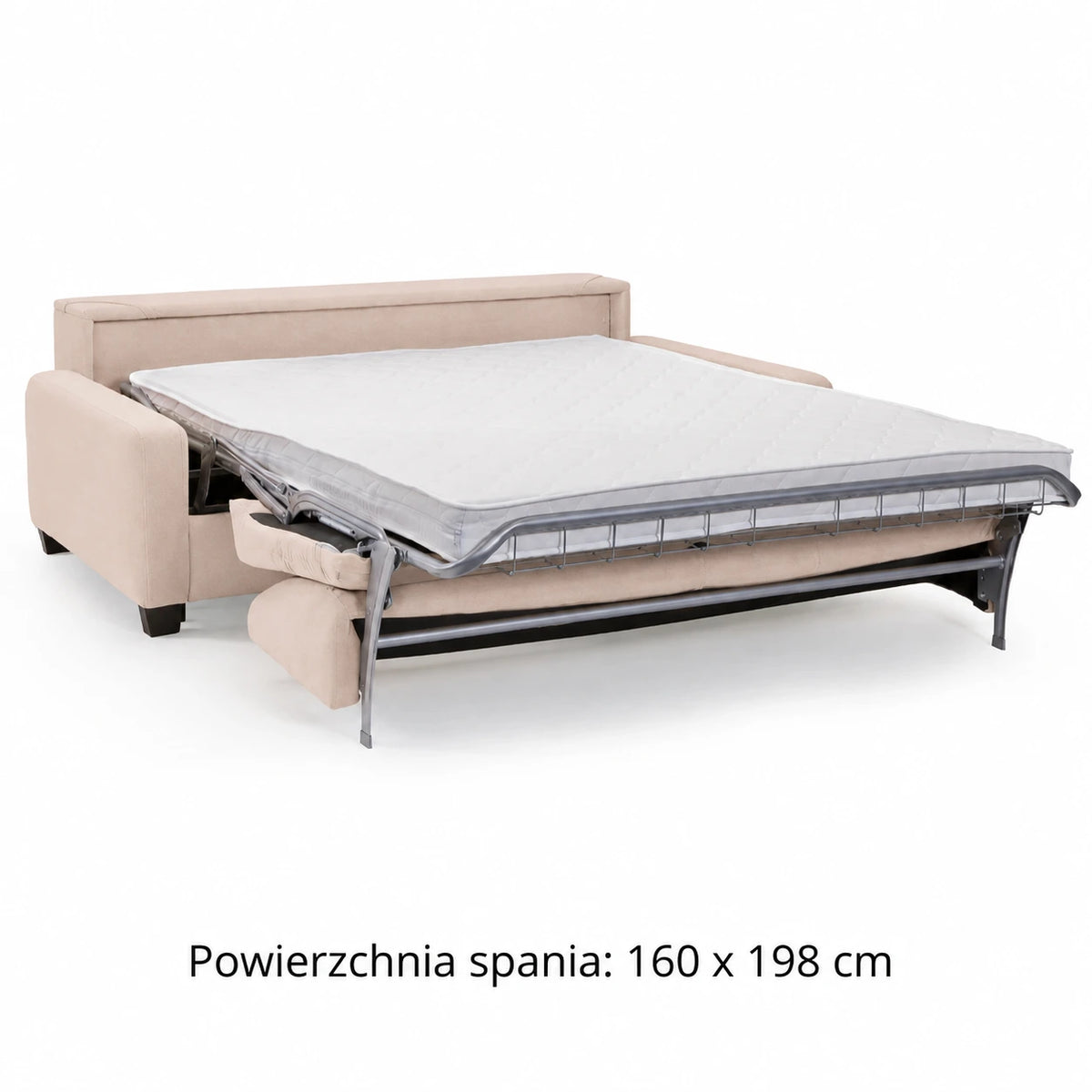 Sofa AURA 3 osobowa z funkcją spania codziennego stelaż włoski z materacem 160 cm z pojemnikiem na drewnianych nóżkach