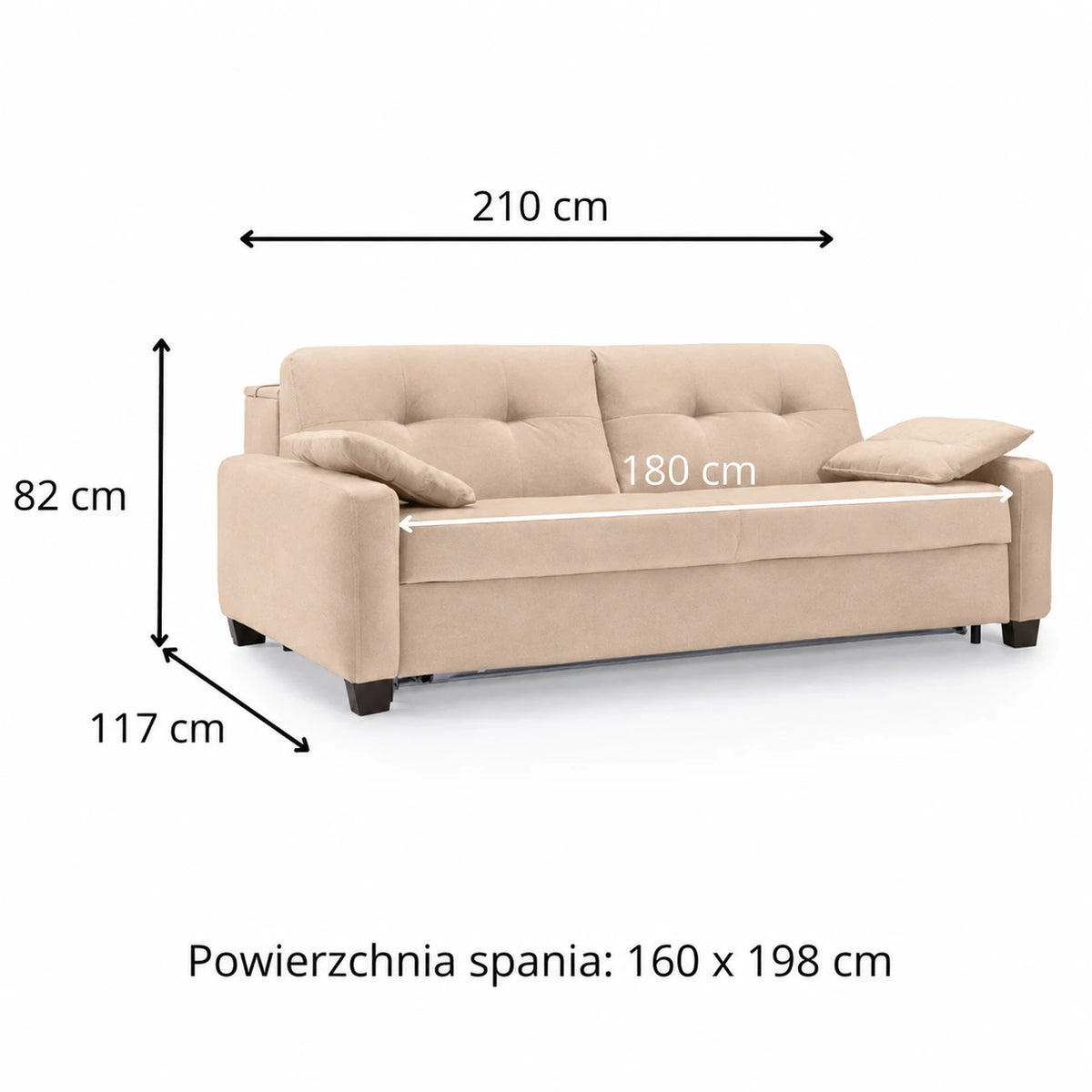 Sofa AURA 3 osobowa z funkcją spania codziennego stelaż włoski z materacem 160 cm z pojemnikiem na drewnianych nóżkach