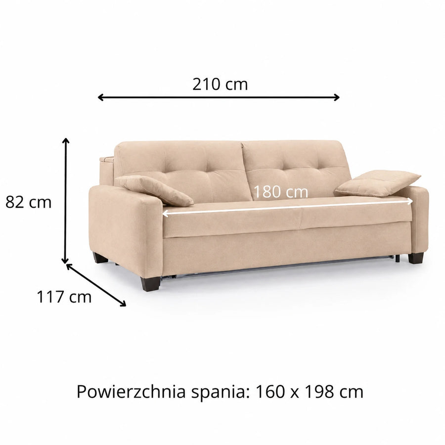 Sofa AURA 3 osobowa z funkcją spania codziennego stelaż włoski z materacem 160 cm z pojemnikiem na drewnianych nóżkach