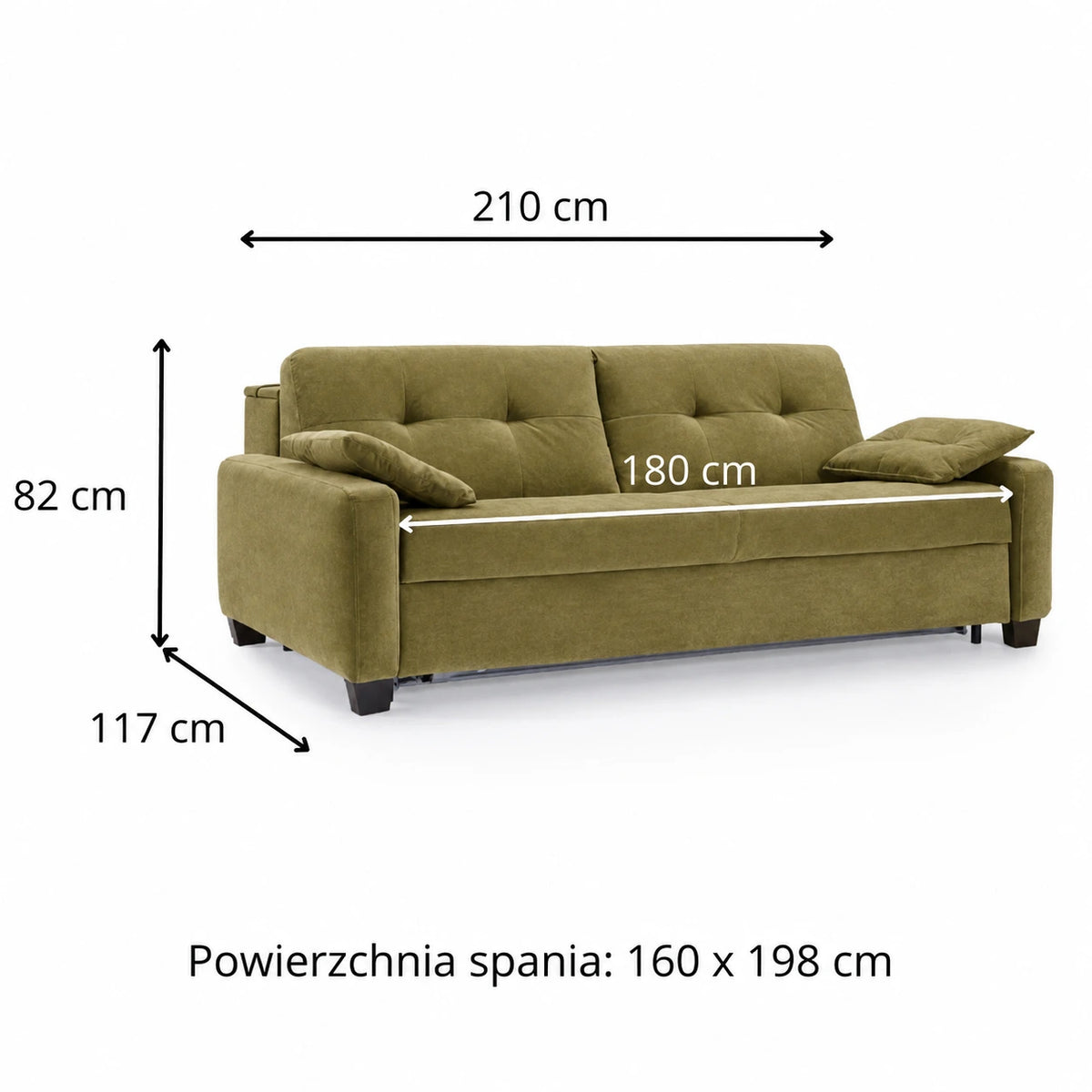 Sofa AURA 3 osobowa z funkcją spania codziennego stelaż włoski z materacem 160 cm z pojemnikiem na drewnianych nóżkach