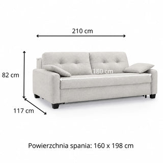 AURA 3-seater sofa with daily sleeping function, Italian frame, 160 cm mattress with container, on wooden legs