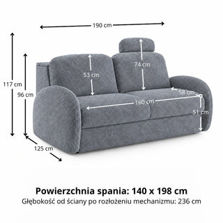 Sofa BELLA 2,5 osobowa z funkcją spania stelaż włoski z materacem 140 cm i pojemnikiem