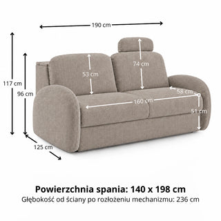 Sofa BELLA 2,5 osobowa z funkcją spania stelaż włoski z materacem 140 cm i pojemnikiem