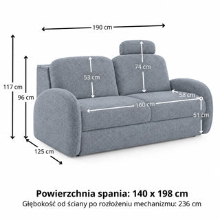 Sofa BELLA 3 osobowa z funkcją spania stelaż włoski z materacem 160 cm i pojemnikiem
