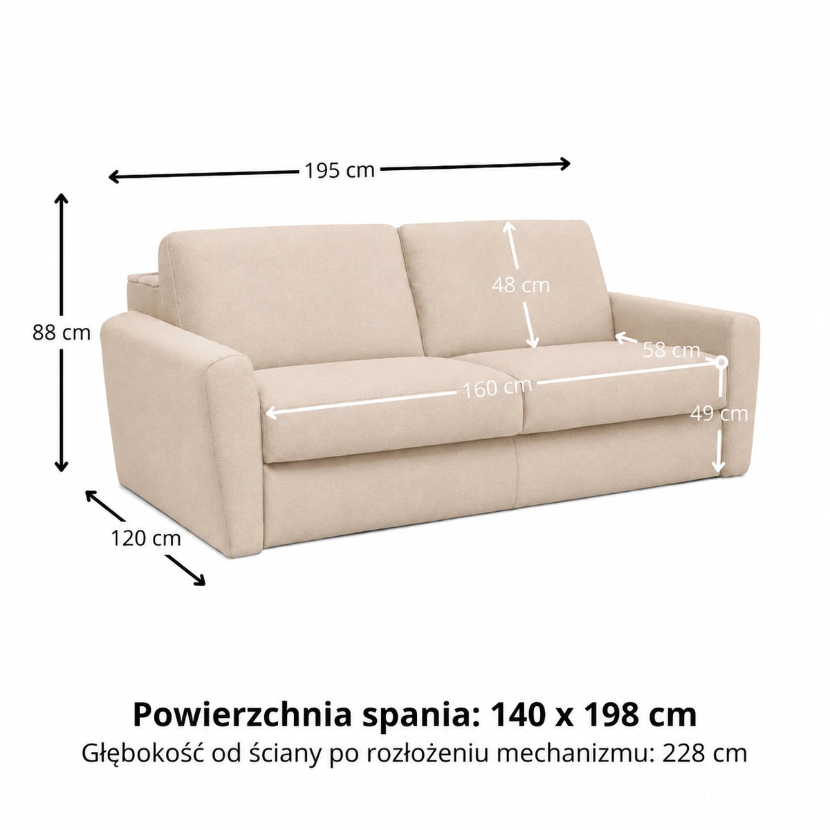 DOLLY 2.5 seater sofa with sleeping function Italian frame 140 cm mattress and container