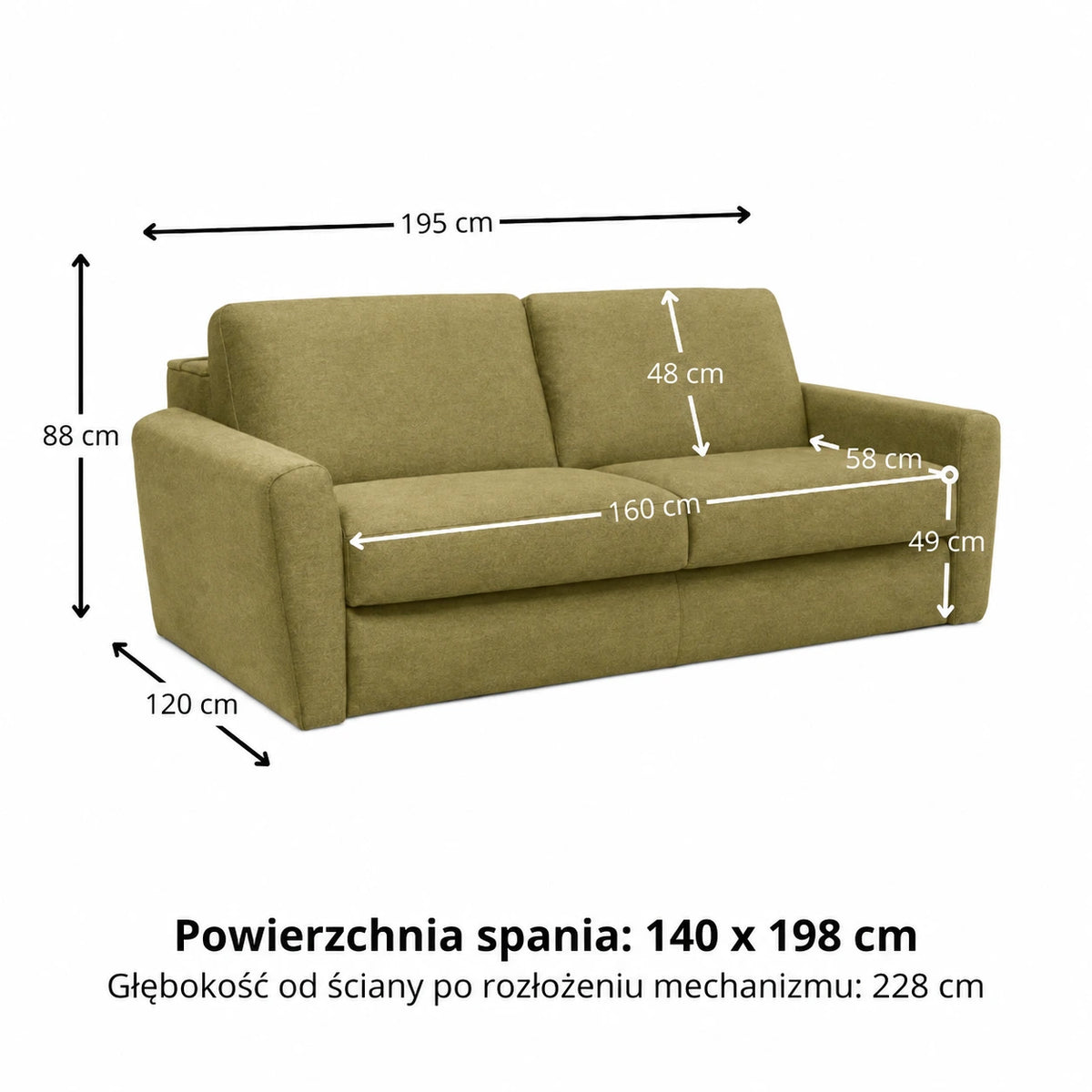 Sofa DOLLY 2,5 osobowa z funkcją spania stelaż włoski z materacem 140 cm i pojemnikiem