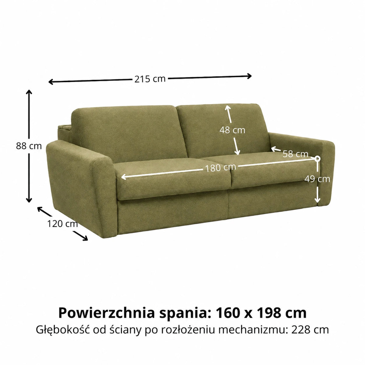 Sofa DOLLY 3 osobowa z funkcją spania stelaż włoski z materacem 160 cm i pojemnikiem