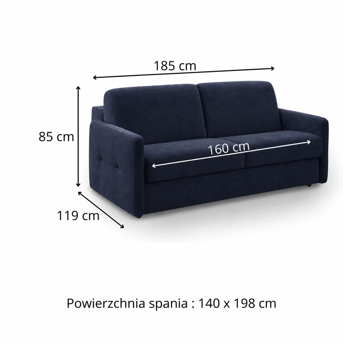 Sofa EMA 2,5 osobowa z pojemnikiem i funkcją spania codziennego stelaż włoski z materacem 140 cm