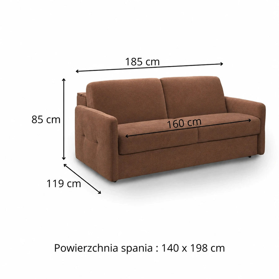 Sofa EMA 2,5 osobowa z pojemnikiem i funkcją spania codziennego stelaż włoski z materacem 140 cm