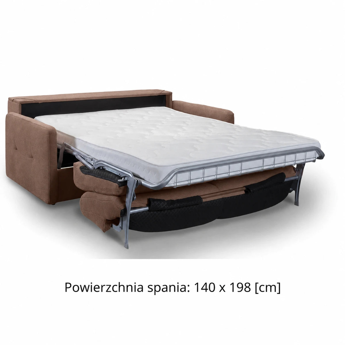 Sofa EMA 2,5 osobowa z pojemnikiem i funkcją spania codziennego stelaż włoski z materacem 140 cm