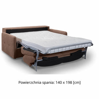 Sofa EMA 2,5 osobowa z pojemnikiem i funkcją spania codziennego stelaż włoski z materacem 140 cm