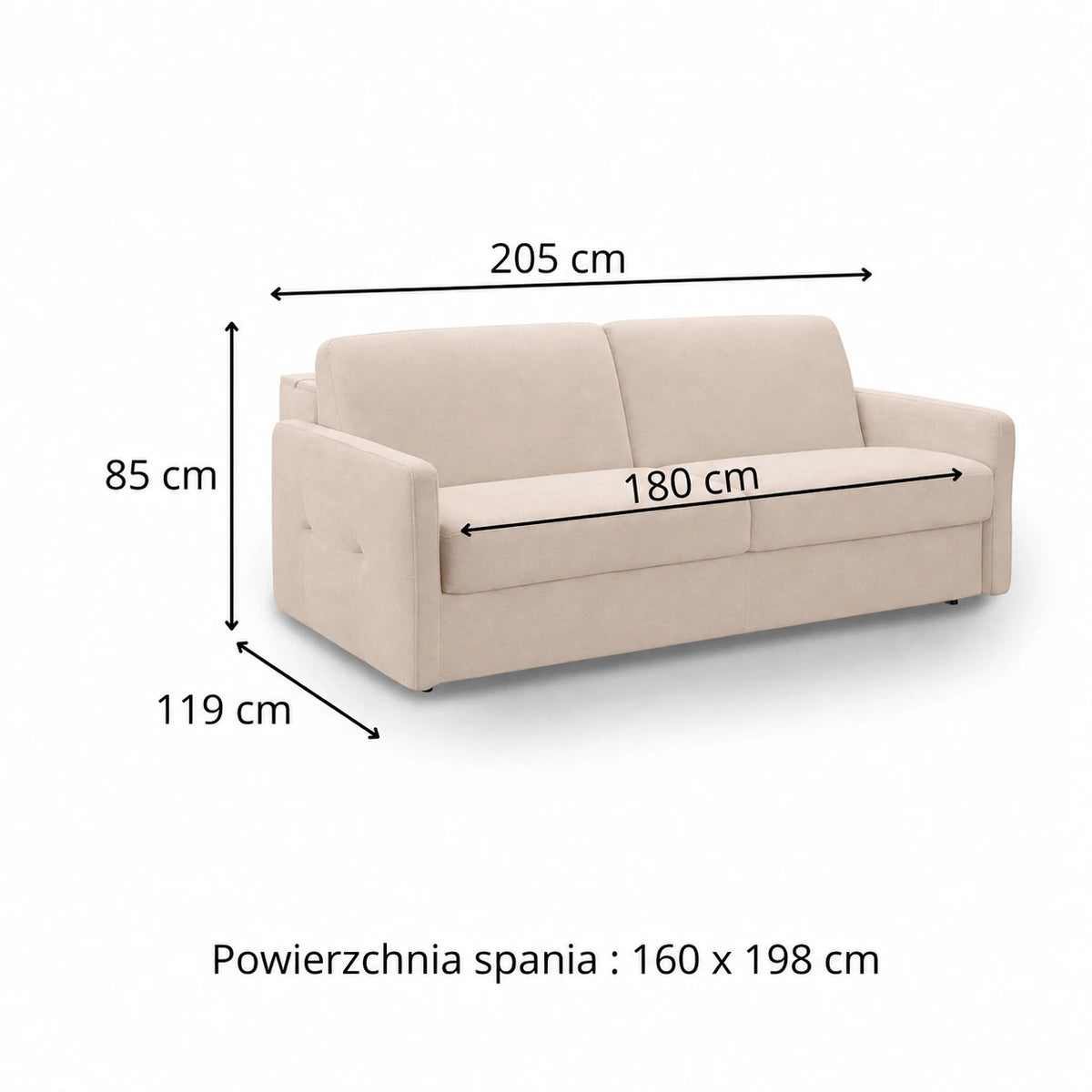 Sofa EMA 3 osobowa z pojemnikiem i funkcją spania codziennego stelaż włoski z materacem 160 cm