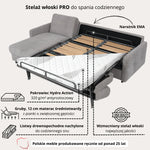 Narożnik EMA z otomaną funkcja spania codziennego stelaż włoski z materacem 160 cm i pojemnikiem na pościel