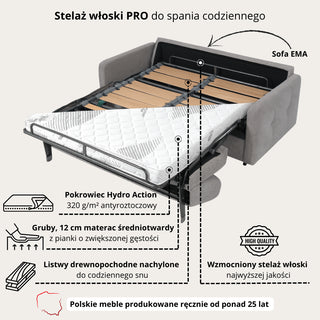 Sofa EMA 2,5 osobowa z funkcją spania codziennego stelaż włoski z materacem 140 cm