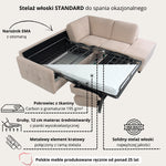 Narożnik EMA z funkcją spania codziennego stelaż włoski z materacem 140 cm i pojemnikiem na pościel