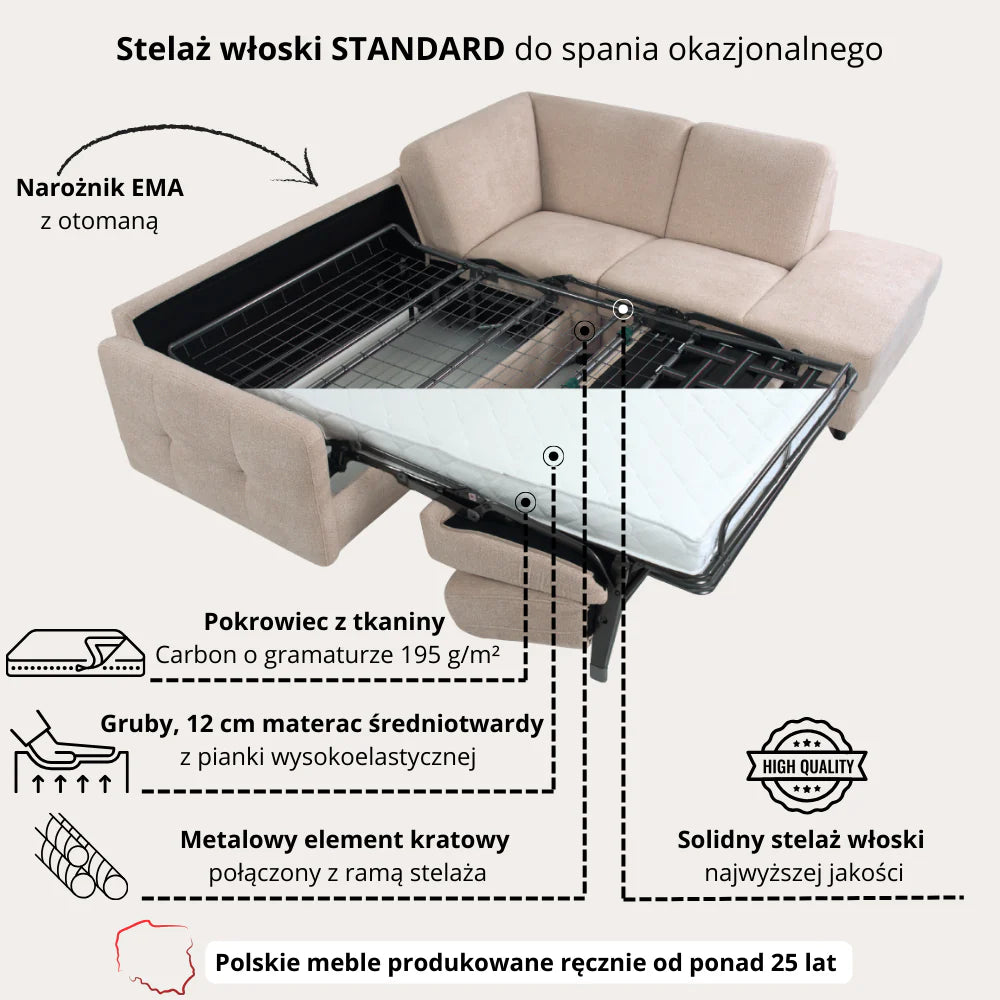 Narożnik EMA z otomaną funkcja spania codziennego stelaż włoski z materacem 160 cm i pojemnikiem na pościel