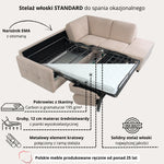 Narożnik EMA z otomaną funkcja spania codziennego stelaż włoski z materacem 160 cm i pojemnikiem na pościel