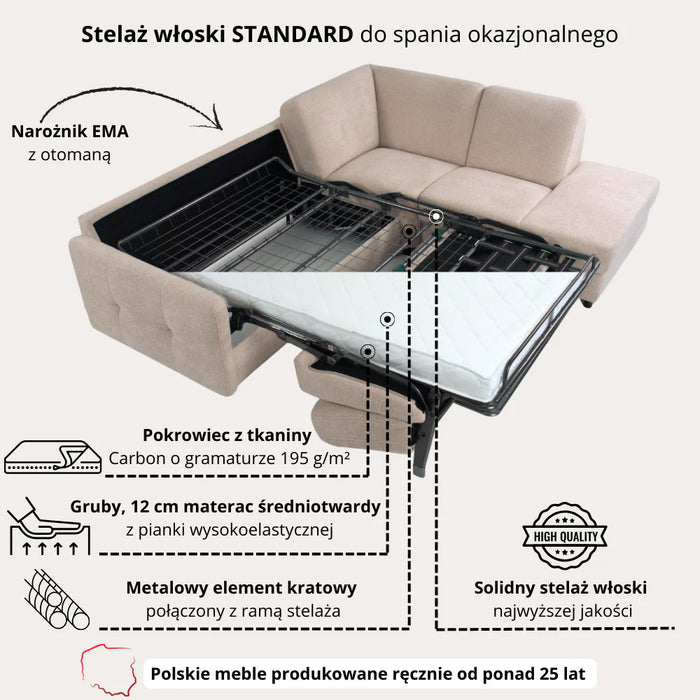 Narożnik EMA z otomaną funkcja spania codziennego stelaż włoski z materacem 120 cm i pojemnikiem na pościel