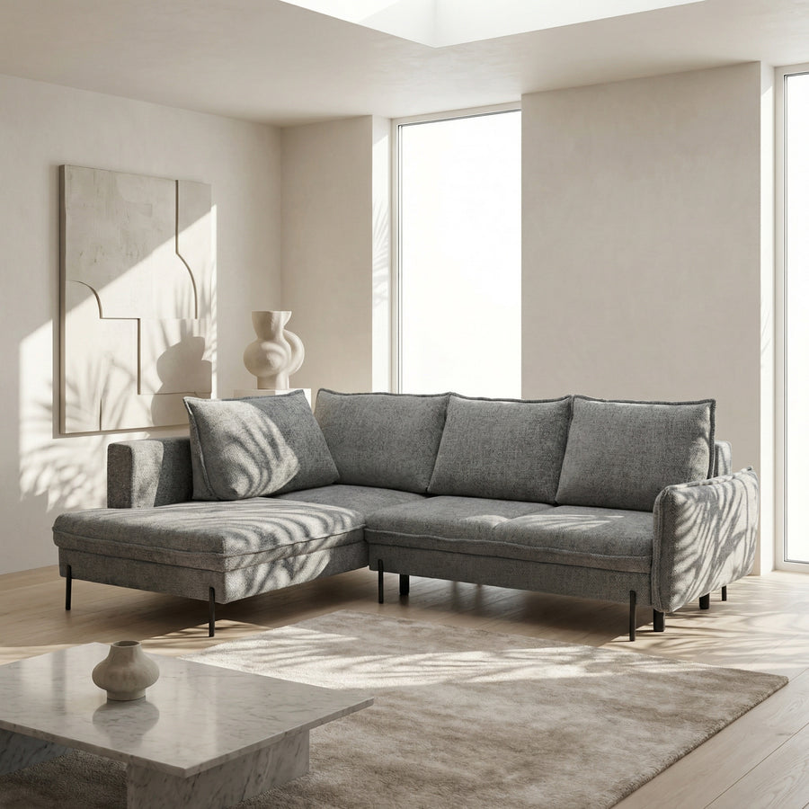 BJORK extendable corner sofa with a container on metal legs