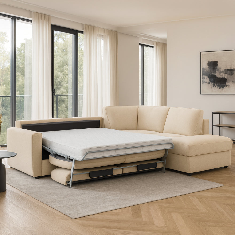 DOLLY corner sofa with ottoman, daily sleeping function, Italian frame with a 140 cm mattress and a bedding container