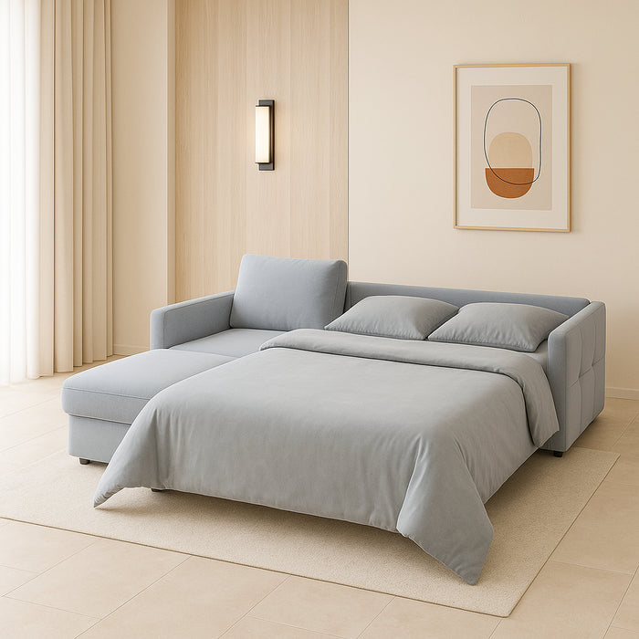 Narożnik EMA z funkcją spania codziennego stelaż włoski z materacem 120 cm i pojemnikiem na pościel