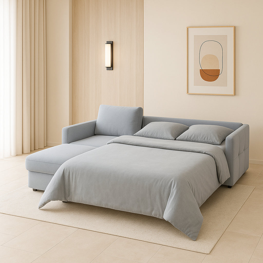 Narożnik EMA z funkcją spania codziennego stelaż włoski z materacem 140 cm i pojemnikiem na pościel