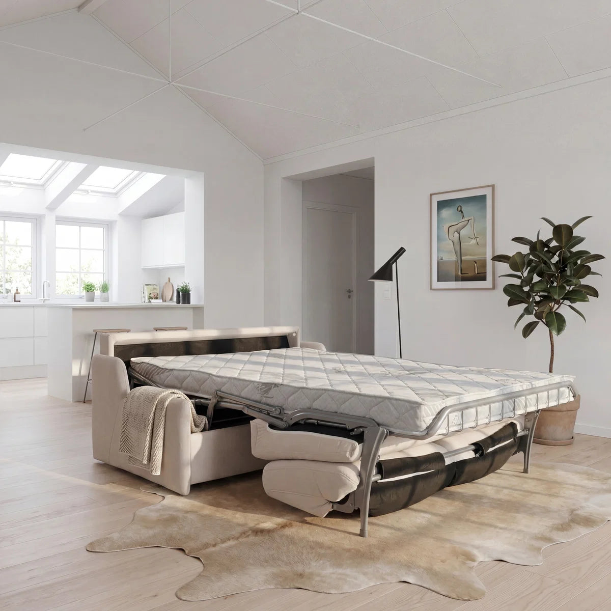 Sofa KIRA z funkcją spania codziennego stelaż włoski z materacem 120 cm i pojemnikiem