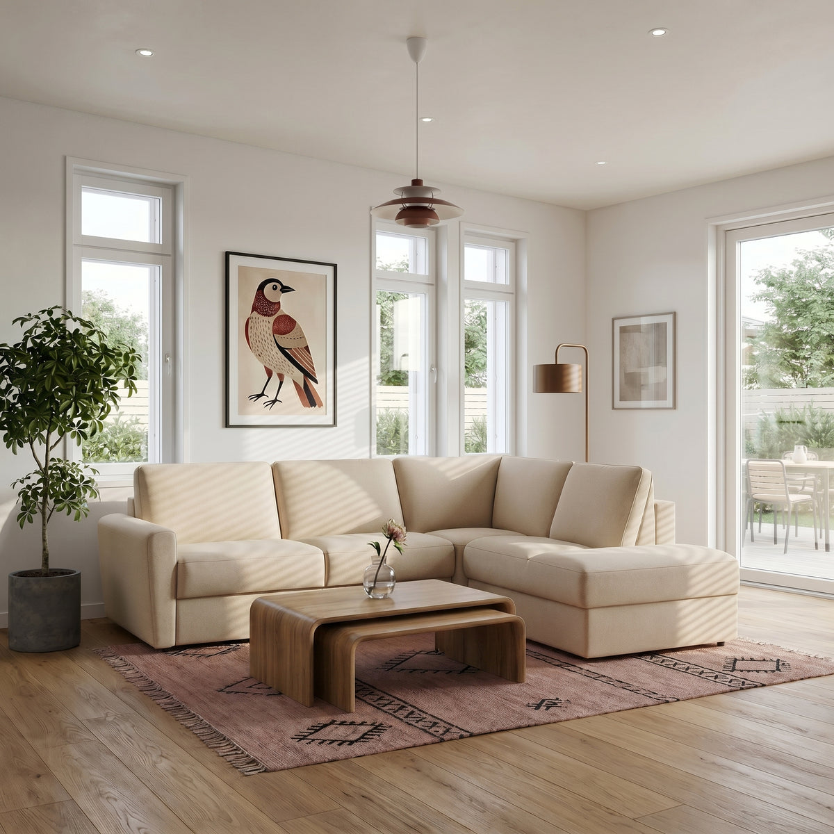 DOLLY corner sofa with ottoman, daily sleeping function, Italian frame with a 140 cm mattress and a bedding container
