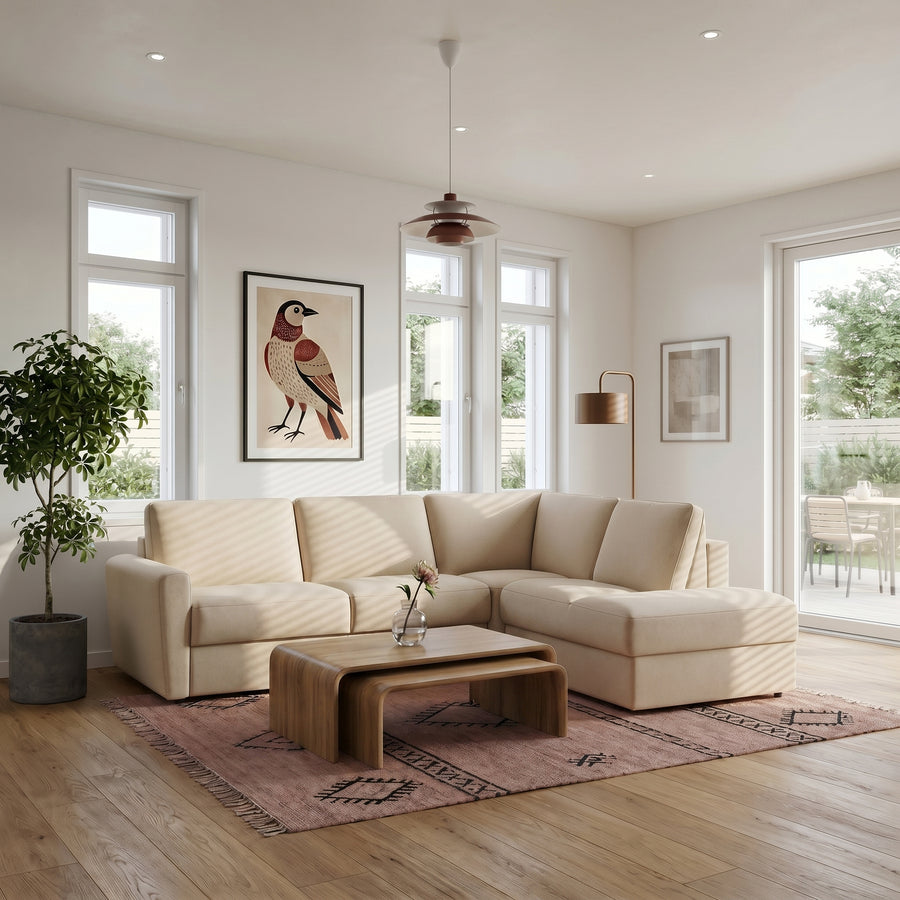 DOLLY corner sofa with ottoman, daily sleeping function, Italian frame with a 140 cm mattress and a bedding container