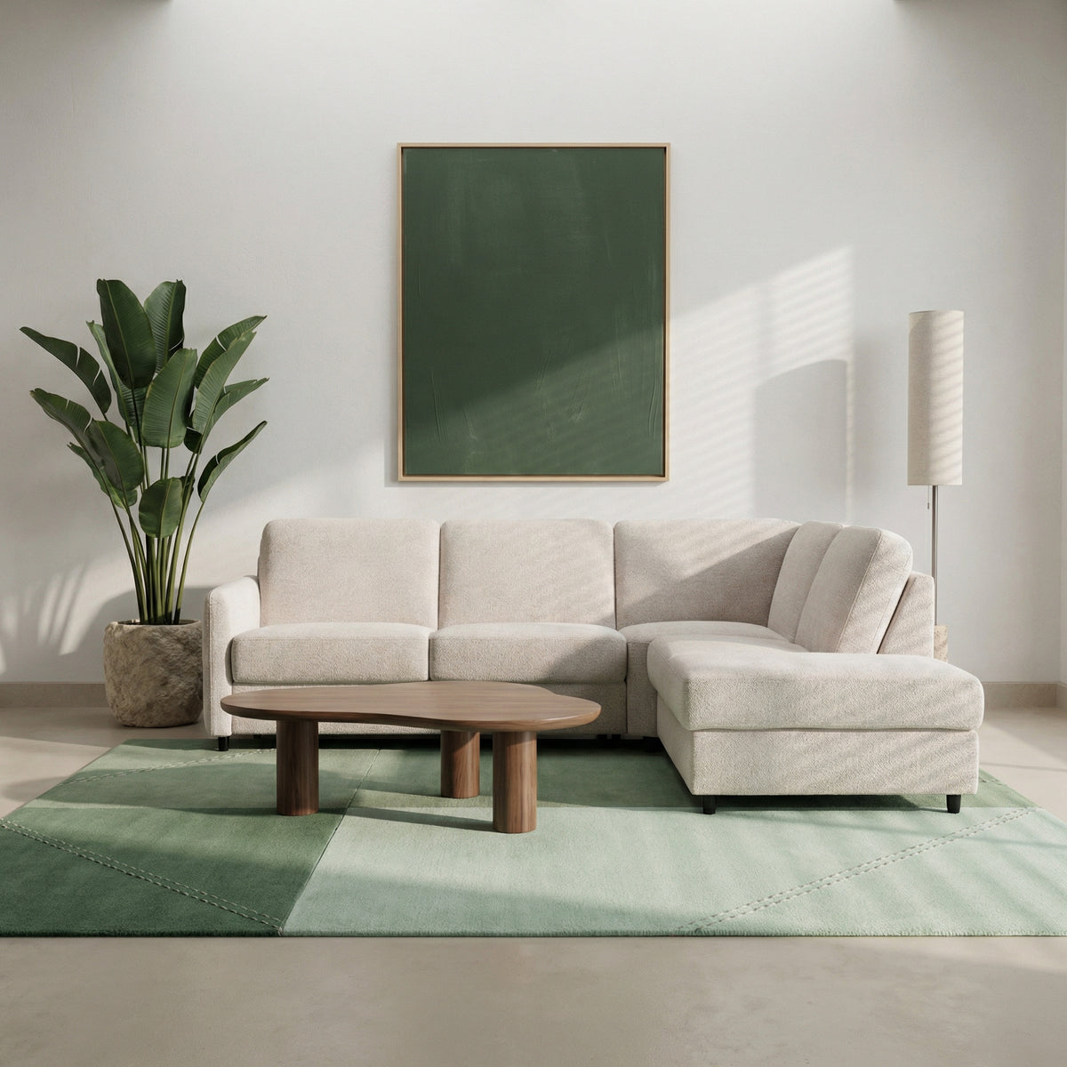 EMA corner sofa with ottoman, daily sleeping function, Italian frame with 120 cm mattress and bedding container