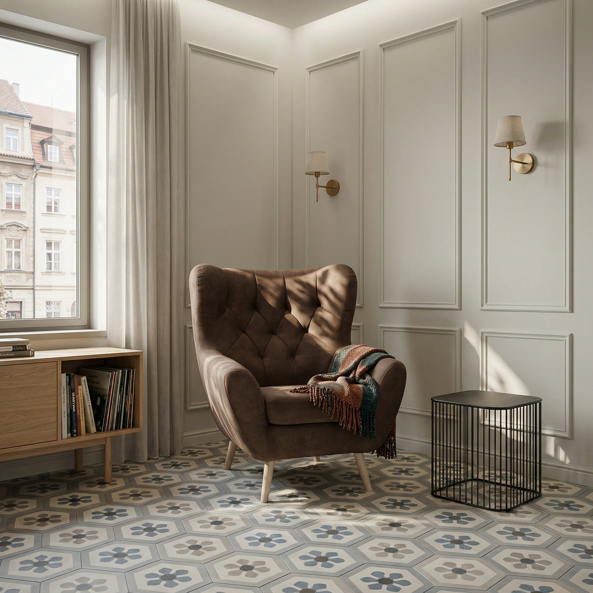 Fotel uszak VOSS pikowany na drewnianych nóżkach